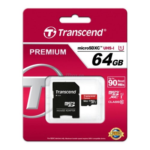 microSDXC карта 64GB Transcend Premium class10 UHS-1 з SD адаптером (TS64GUSDU1)
