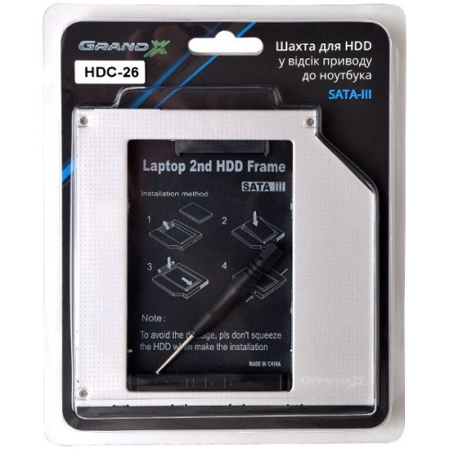 Адаптер підключення HDD 2.5'' у відсік приводу 126 х 127 x 9.5 мм ноутбука SATA3 Slim 9.5 мм, Grand-X (HDC-26)