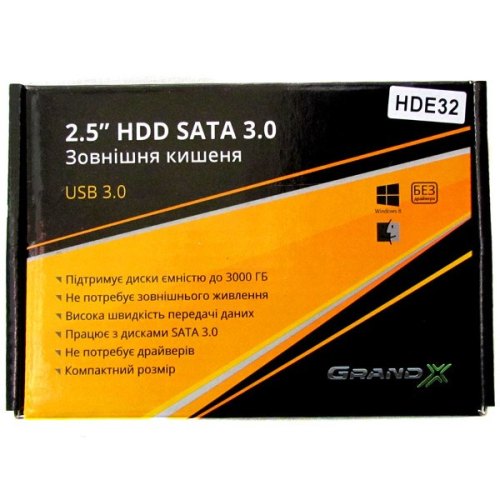 Зовнішня кишеня 2,5, Grand-X (HDE32), пластик, HDD SATA, без БЖ, 1xUSB3.0