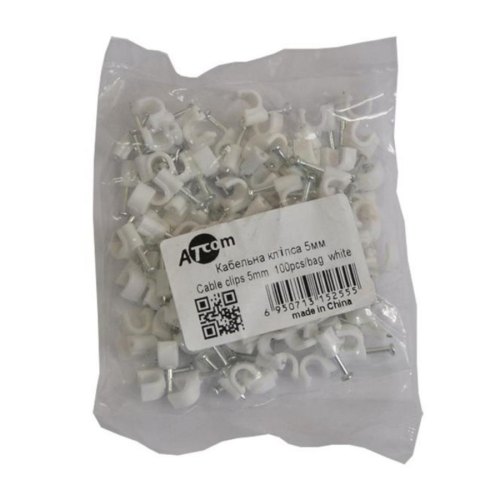 Кліпса (скоба) до кабелю 5мм, Atcom (15255), 100шт/уп, для кріплення кабелів і проводів до будь-яких поверхонь (виключаючи металеві), білий
