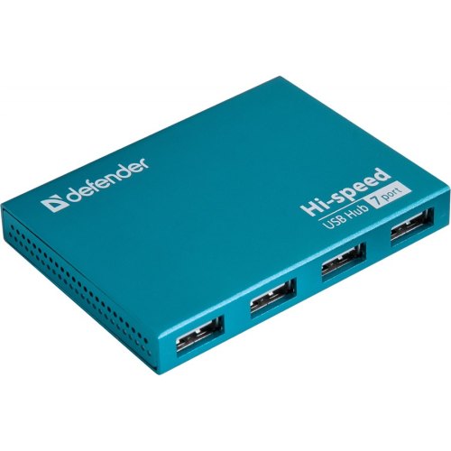 Концентратор USB 2.0 x 7port, Defender SEPTIMA SLIM Blue Metallic (83505), з БЖ, синій металік, міцний алюмінієвий корпус
