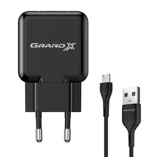 МЗП Grand-X CH-03 (USB 5V, 2.1A з захистом від перенавантажень + кабель microUSB), color Black (CH-03UMB)