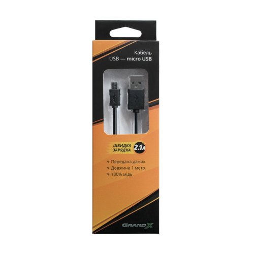Кабель Grand-X USB-micro USB PM01B 2,1A, 1m, Giftbox, Black