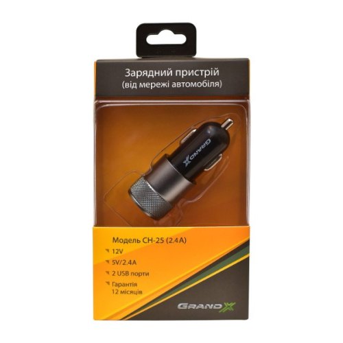 Автомобільний зарядний пристрій Grand-X CH-25 (2USB 5V 2.4A, 12-24V + кабель microUSB 1,0 м), color Black (CH-25BM)