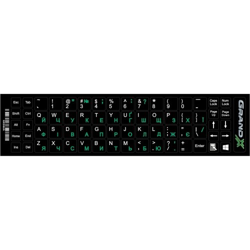 Наклейки на клавiатуру - Grand-X protected 68 keys UA green, Latin white (GXDGUA), непрозорі