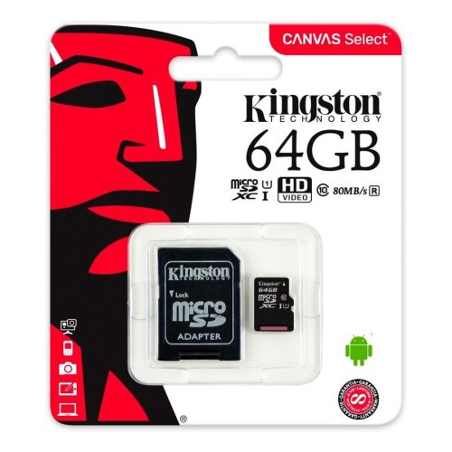 microSDXC карта 64Gb Kingston class10 UHS-I KINGSTON Canvas 80MB/s + adapter (SDCS/64Gb)