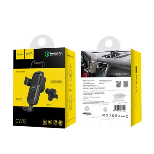 Автотримач + бездротовий зарядний пристрій HOCO CW12 (QC 3.0), Black