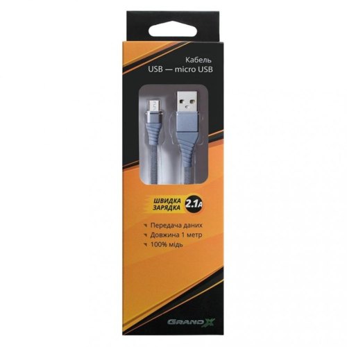 Кабель Grand-X USB-micro NM-012, 2,1A 1,2m, Grey