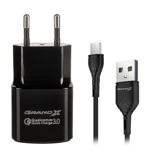 МЗП Grand-X USB 5V, 2,4A (CH-55T)  із захистом від перевантаження + cable USB -> Type C, Black
