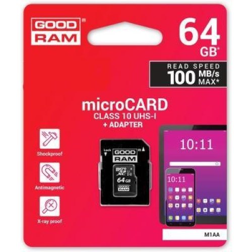 microSDXC карта 64GB GoodRam class10 UHS-1 з SD адаптером (M1AA-0640R12)
