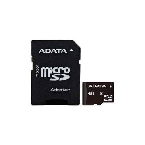 microSDHC карта, 4 Гбайт, class 4, адаптер SD A-Data (AUSDH4GCL4-RA1)
