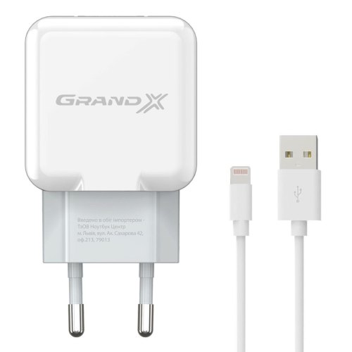 Мережевий зарядний пристрій Grand-X CH-03 (USB 5V, 2.1A + кабель Lightning), White (CH03LTW)