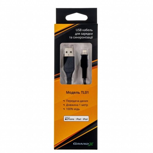 Кабель Grand-X USB-Lightning  TL01 MFI, 1m, Giftbox, Black