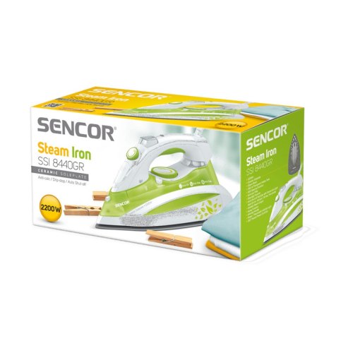 Праска Sencor, 2200Вт, 380мл, паровий удар -120гр, постійна пара - 25гр, керам. підошва, зелений