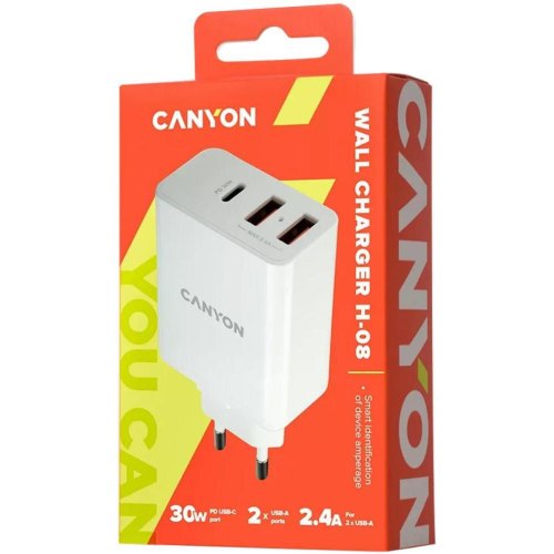 Мережевий зарядний пристрій CANYON CNE-CHA08W 2xUSB 2.4A PD White (CNE-CHA08W)