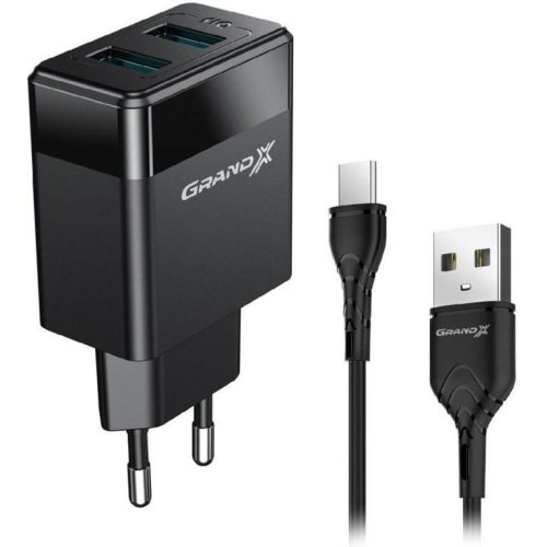 Мережевий зарядний пристрій Grand-X CH-50 (2USB 5V 2.4A + кабель Type-C), color Black (CH-50T)