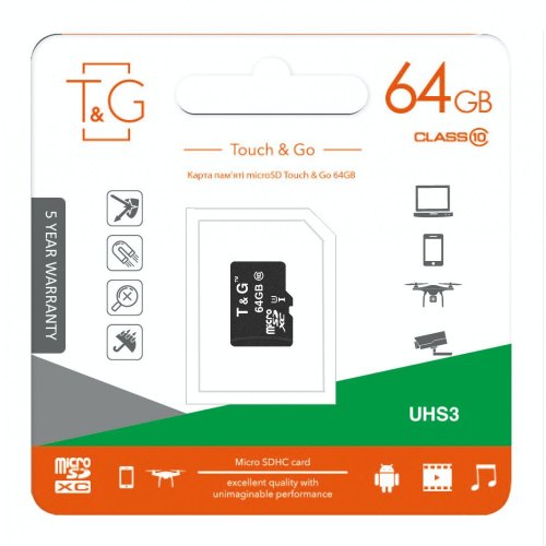 microSDXC карта 64GB T&G class10 UHS-1 U3 (TG-64GBSDU3CL10-00)
