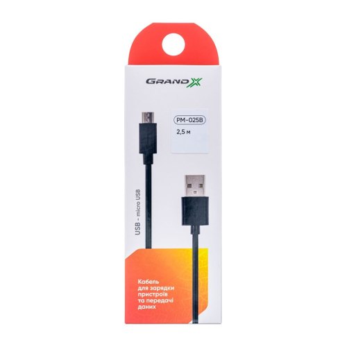 Кабель Grand-X USB-micro USB PM025B, 2.5m, 100% Cu, Black