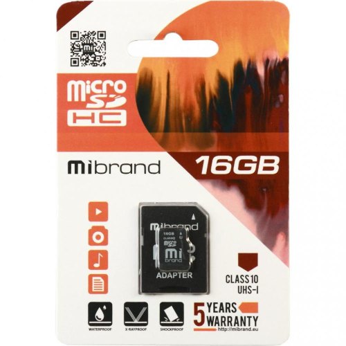 microSDHC карта 16GB Mibrand class10 UHS-1 з SD адаптером (MICDHU1/16GB-A)