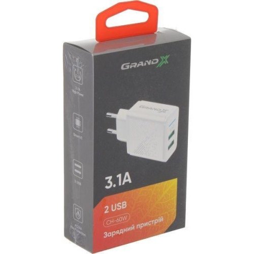 МЗП Grand-X CH-60W 2USB 5V 3,1A із захистом від перевантаження, White