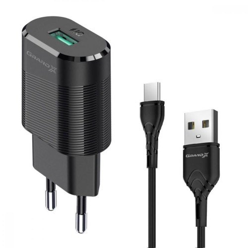 МЗП Grand-X CH-17 (USB 5V, 2.1A + кабель Type-C), color Black (CH-17T)