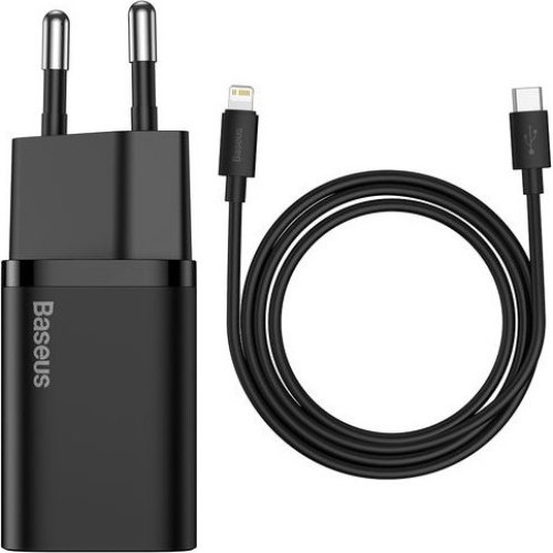 МЗП Baseus Super Si Quick Charger 1C for APPLE 20W (+ Simple Wisdom Data Cable Type-C to Lightning 1m), Black
