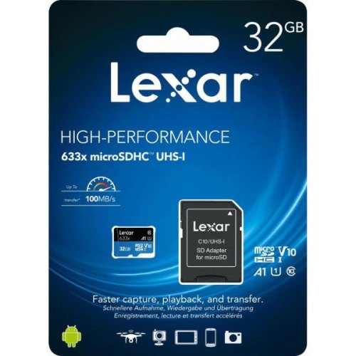 microSDHC карта 32GB Lexar High-Performance 633x class10 UHS-1 з SD адаптером (LSDMI32GBB633A)