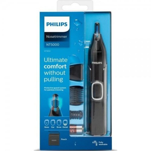 Тример Philips Series 5000, для бороди, вусів, окантовки, брови, носа та вух, 1хАА, насадок-4, чохол, сталь, чорний