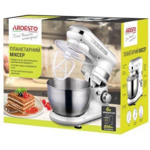 Міксер Ardesto планетарний 800Вт, насадки-3, чаша-нерж., метал, 4л, Pulse-режим, білий