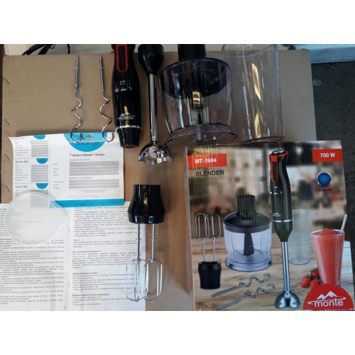 Блендер MT-1904 700ват/рег/4в1/подрібнювач 0,5л./блендер метал. ножка/міксер-2 насадки/стаканчик 0,6л./2 швидкості