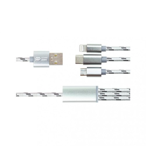Кабель PowerPlant 2.1A 3-в-1 USB AM - Type-C/Lightning/Micro, 1.2м, серый
