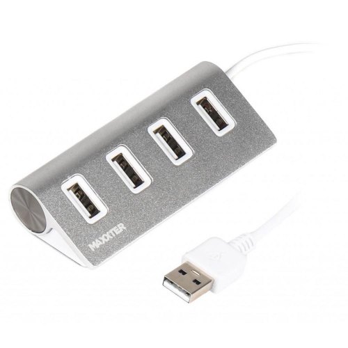 USB-хаб Maxxter 4-х портовий 2.0 сріблястий, металевий корпус (HU2A-4P-01)
