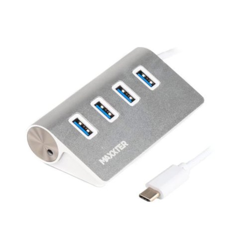 USB-хаб Maxxter 4-х портовий 3.0 сріблястий, металевий корпус, Type-C кабель (HU3С-4P-01)