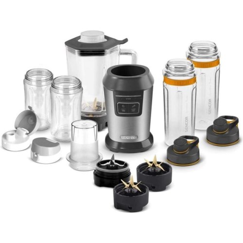 Блендер для смузі Sencor стаціонарний 800Вт, 4 ємності, чаша-900мл, скло, млин для кави, сірий