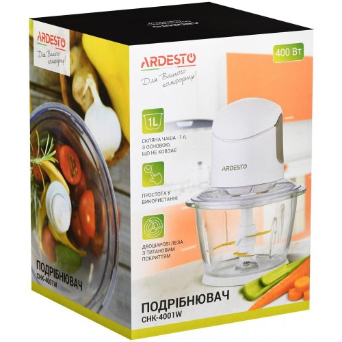 Подрібнювач Ardesto, 400Вт, чаша-1000мл, скло, корпус-пластик, білий