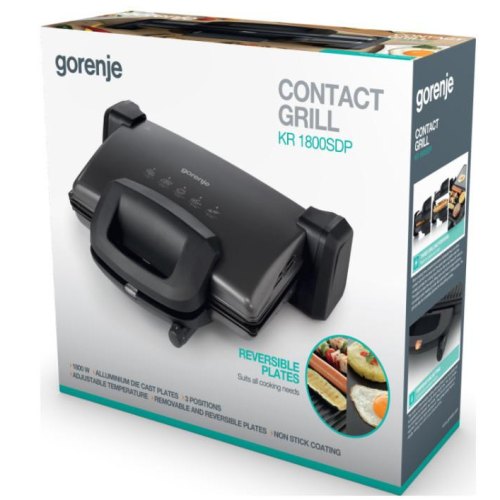 Гриль Gorenje прижимний 1800Вт, темп. режимів-4, з`ємні пластини, розкриття на 180°, метал, графіт