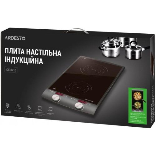 Плитка настільна Ardesto індукційна, комфорок - 2 на 1.3кВт + 1.6кВт вертик., керування - сенсорне, таймер, чорний