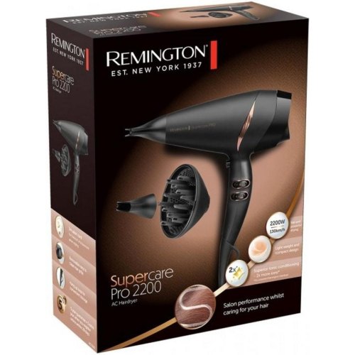 Фен Remington Supercare PRO 2200 AC motor, 2200Вт, 3 режими, дифузор, іоніз-я, хол. обдув, чорний