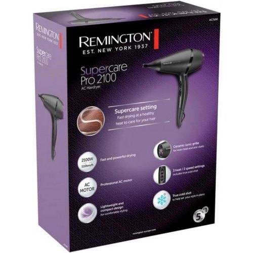 Фен Remington Supercare PRO 2100 AC motor, 2100Вт, 3 режими, іоніз-я, хол. обдув, чорний