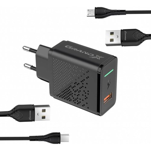Мережевий зарядний пристрій Grand-X Fast Charge 3-в-1 QC3.0, FCP, AFC, 18W +microUSB +Type-C, Black (CH-650MT)