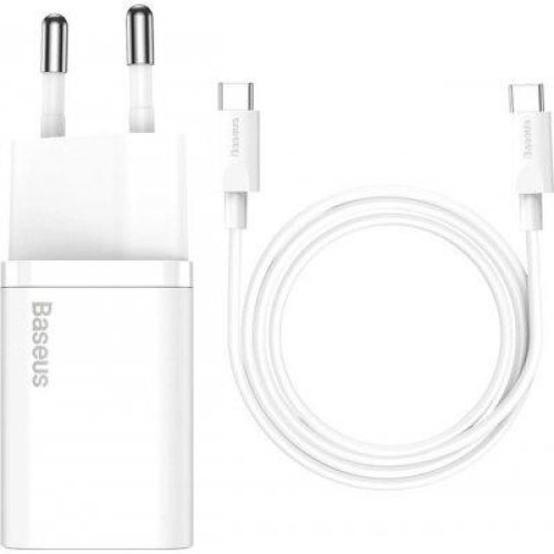 МЗП Baseus Super Silicone PD Charger 25W (1Type-C) + Cable Type-C to Type-C 3A 1m (White)
