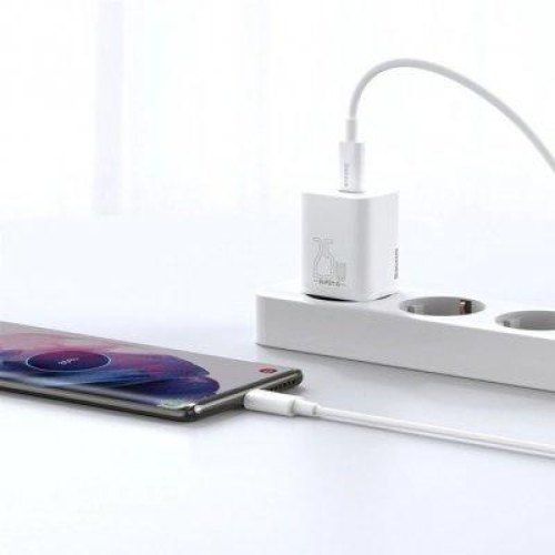 МЗП Baseus Super Silicone PD Charger 25W (1Type-C) + Cable Type-C to Type-C 3A 1m (White)