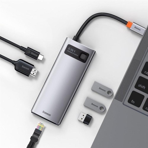 Док-станція USB3.1 Type-C -->USB Type C PD 100W/HDMI 4K 30Hz/3*USB3.2 Gen1/RJ45,  6in1 Grey Baseus