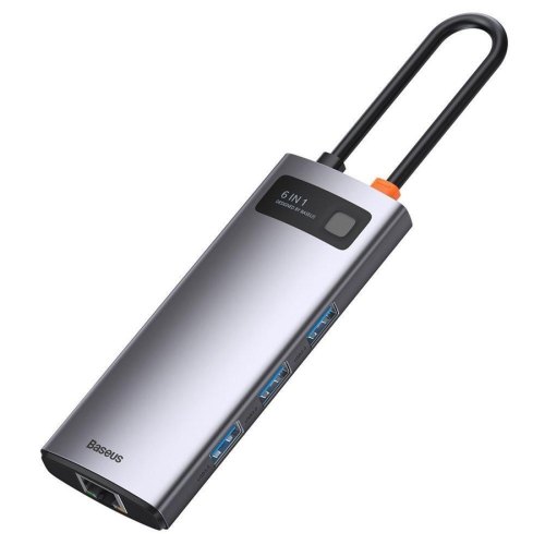 Док-станція USB3.1 Type-C -->USB Type C PD 100W/HDMI 4K 30Hz/3*USB3.2 Gen1/RJ45,  6in1 Grey Baseus