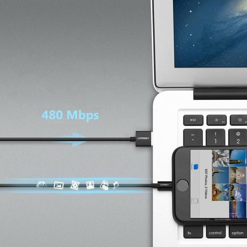 Кабель USB 2.0 AM-Lightning M, 2 м, 2.4A, Nickel Plating ABS Shell Чорний, US155 UGREEN