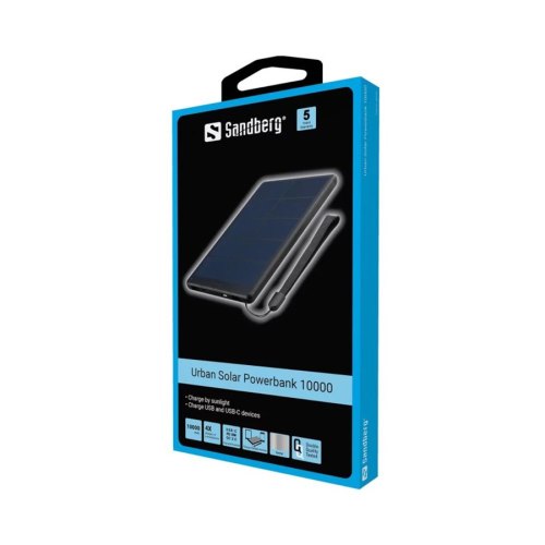 Зовнішній акумулятор сонячний Powerbank SANDBERG URBAN PD QC 3.0 10000 MAH, 2XUSB, TYPE-C OUT (420-54)