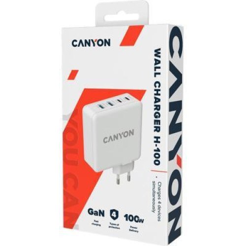Мережевий зарядний пристрій CANYON Power adapter H-100 GaN PD 100W QC 3.0 30W White (CND-CHA100W01)