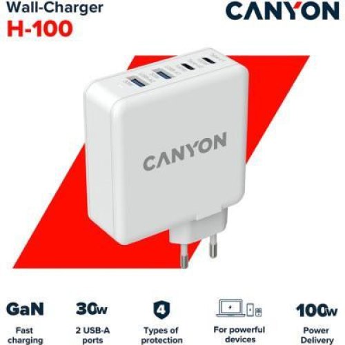 Мережевий зарядний пристрій CANYON Power adapter H-100 GaN PD 100W QC 3.0 30W White (CND-CHA100W01)