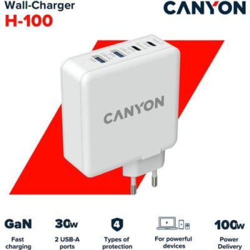 Мережевий зарядний пристрій CANYON Power adapter H-100 GaN PD 100W QC 3.0 30W White (CND-CHA100W01)