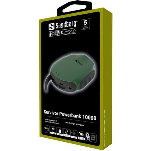 Зовнішній акумулятор Powerbank SANDBERG Survivor 10000 mAh, 2xUSB, IPX6, міні-компас та ліхтарик